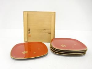 清斎造　輪島塗　桜　菓子皿　5客揃